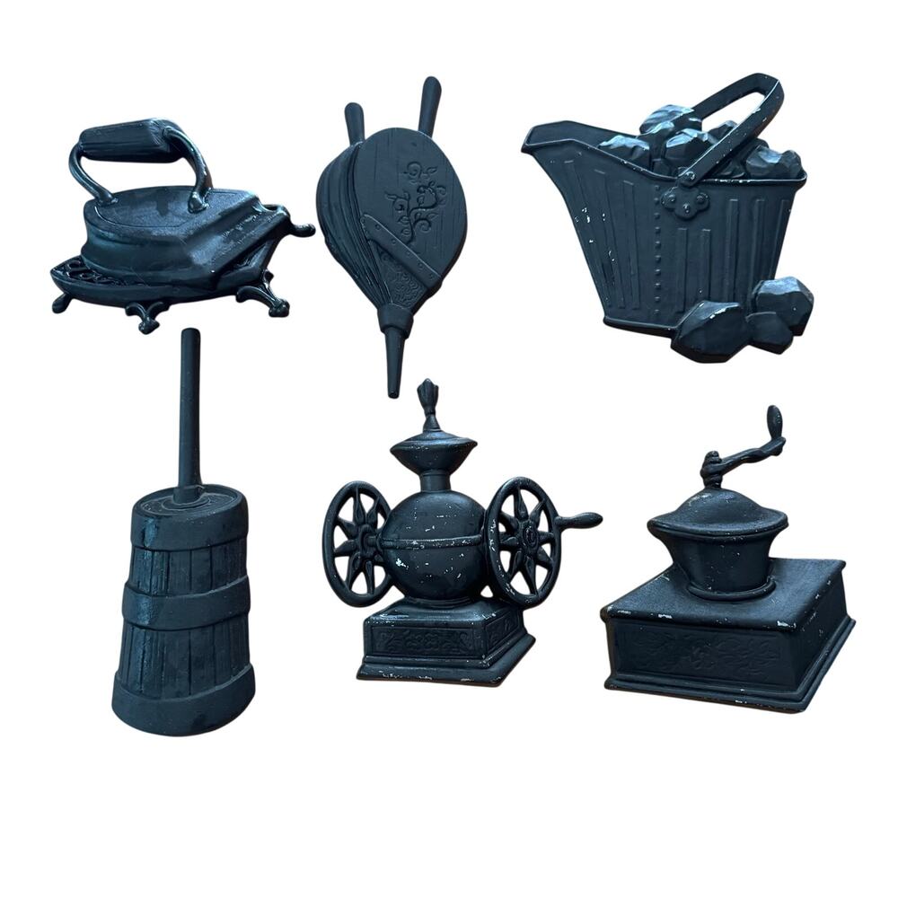 Vintage Sexton Black Cast Iron Kitchen Wall Decor Set 6 Cottage Core Farmhouse